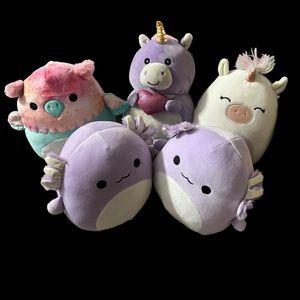 Squishmallows 1 white unicorn 1Gala Griffin 2 Purple Axolotl 1 Hug Mees Unicorn